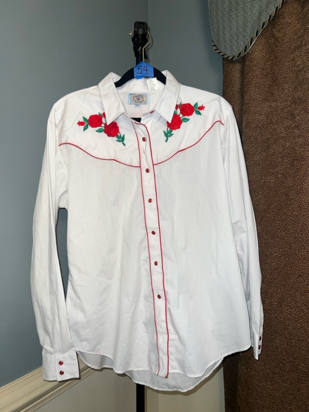 Classic White Button-Down Shirt with Red Rose Embroidery